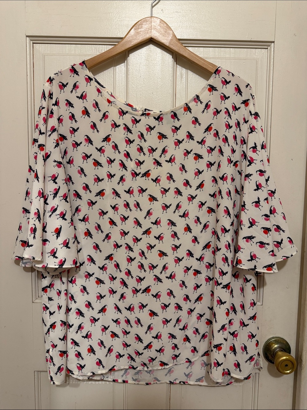 Eloquii Cream Blouse with Pink & Red Bird Motif